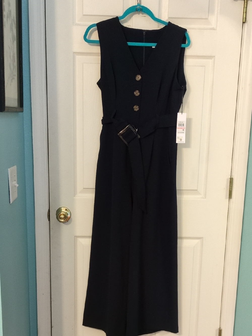 Calvin Klein Sleeveless V-Neck Navy Jumpsuit with Belt
